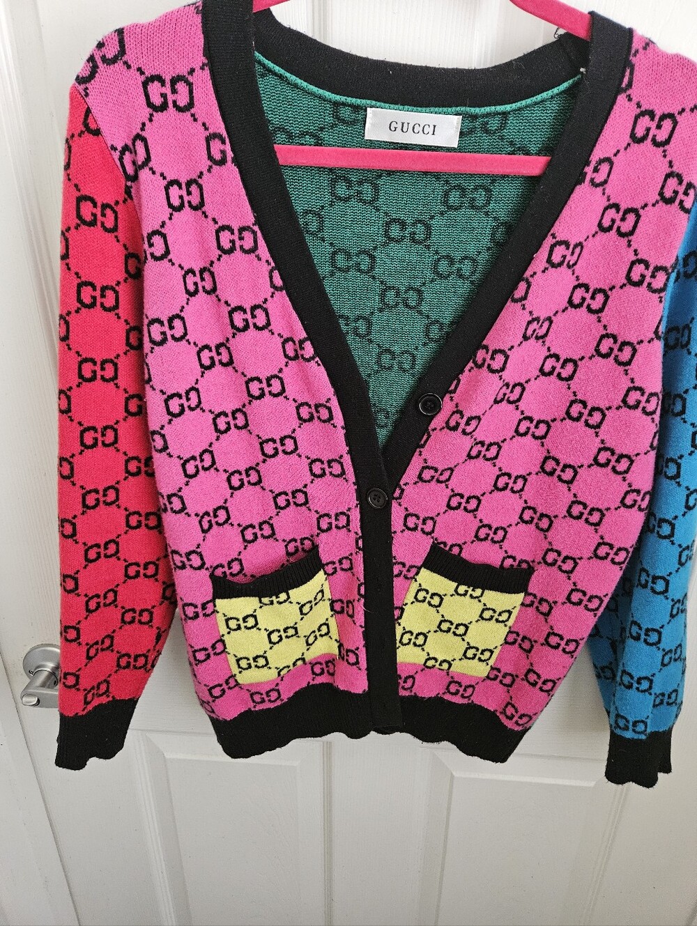 Multicolor GG Logo Knit Cardigan — Pink, Red, Blue, Green, Yellow